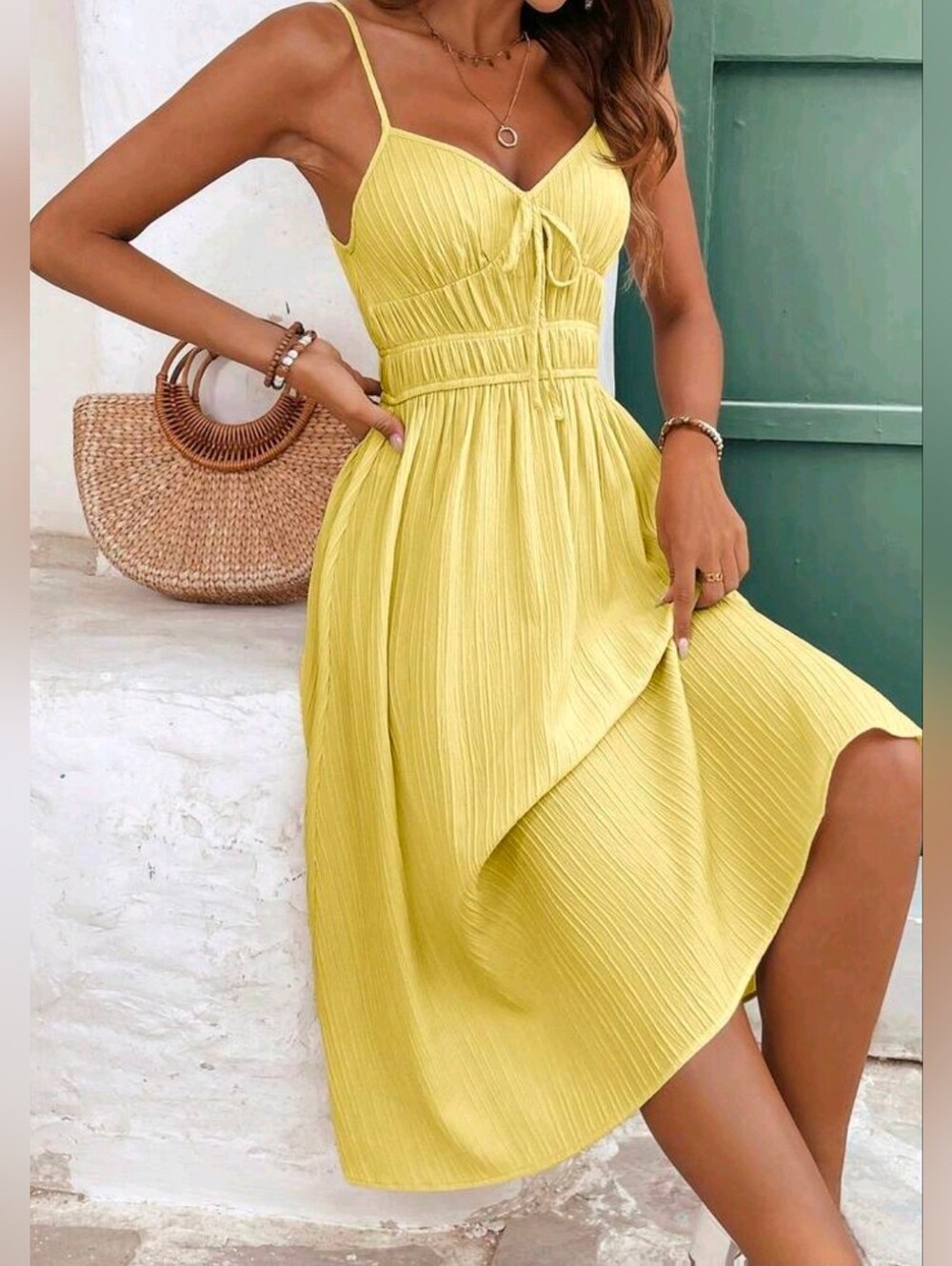 New Flowy Tie Detail Cami Midi Dress Textured Yellow